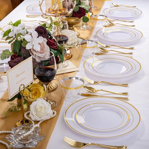 WELLIFE 450 PCS Gold Disposable Dinnerware Set for 75 Guests, 75 Each-Dinner & Salad Plates,Cups, Forks, Knives, Spoons for Wedding and Party Supplies - color: Gold, size: 75 Guests