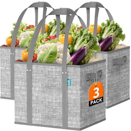 Fab totes Reusable Grocery Bags, Large Foldable Shopping Tote Bags with Reinforced Handles & Hard Bottom,3 Pack,Grey - color: Grey, size: 3 Pcs
