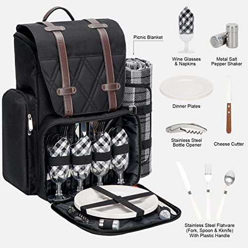 Picnic Backpack for 4 Person with Large Insulated Cooler Bag, Picnic Basket Set with Wine Pouch,Picnic Blanket Waterproof Sandproof with Shoulder Strap