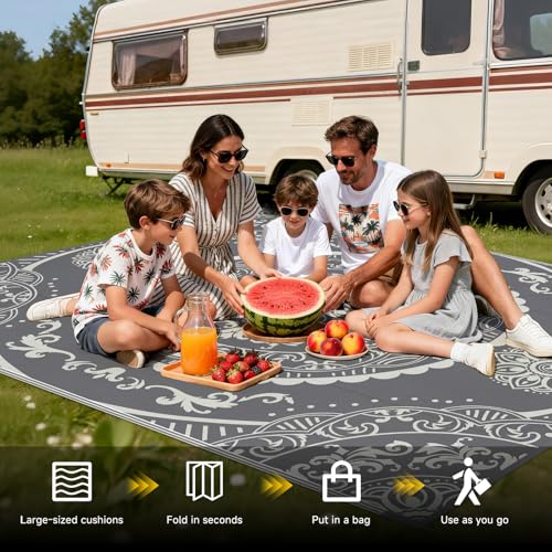 Pauwer Waterproof Outdoor Rug 6x9, Reversible Plastic Straw Patio Camping Rug, Indoor Outdoor RV Mat Carpet for Deck, Camper, Porch, Balcony, Backyard, Picnic, Paisley Grey - color: Paisley Grey, size: 6' x 9' (Rectangular)