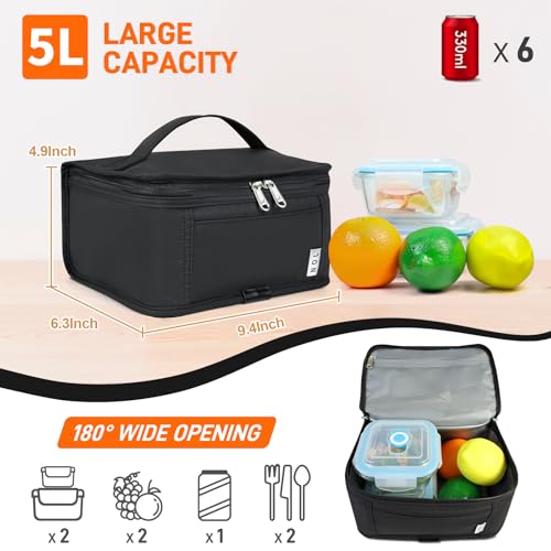 NOL Mini Insulated Lunch Bag for Women Men Kids | Small Leakproof Reusable Lunch Tote | Fits 6 Cans 330ml | Thermal Cooler for Work School Picnic Camping, Black - color: Black, size: Medium(5 Liters)