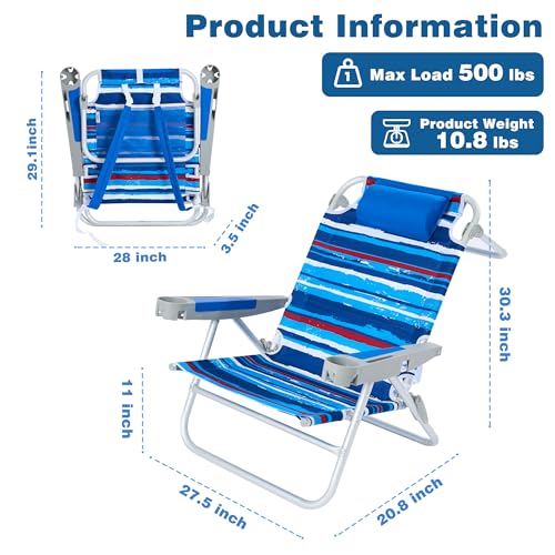 SUNNYFEEL Extra Wide Low Beach Chair 2 Pack 5 Position Lay Flat 500 LBS Heavy Duty, XL Oversized Folding Camping Chairs with Cup Holder for Outdoor/Sand, Portable Backpack Beach Chair for Adults - color: Darkblue Stripe, size: 2-PACK