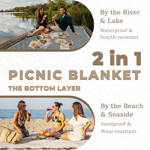 Genovega 2 in 1 Extra Large 80"* 80" Rug Picnic Waterproof Outdoor Beach Blanket Foldable Camping Mat Summer Camp Equipment Honeymoon Stuff Hawaii Essentials Hunting Accessories Car Set Women Gifts - color: Green