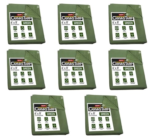 Mytee Products (8 Pack) 6' x 8' Green Canvas Tarp 12oz Heavy Duty Water Resistant - color: Green (8 Pcs), size: 6' x 8'