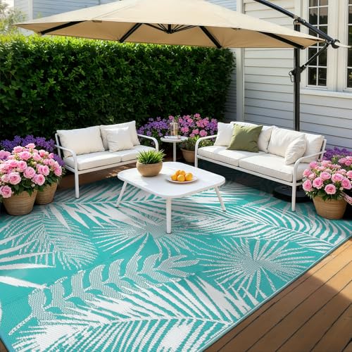 9x18ft Outdoor Rug for Patios, Reversible RV Outdoor Rug, Waterproof Straw Plastic Large Outdoor Mat for Camper, Picnic, Backyard, Deck, Balcony, Porch - color: Teal Blue, size: 9' x 18' (Rectangular)
