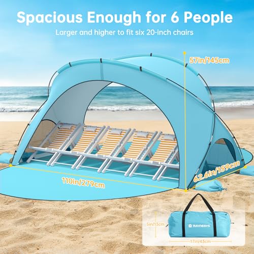 Raynesys Beach Tent Sun Shelter, Beach Shade Tent with UPF50+ UV Protection, Sun Shelter for 1-6 Person, Beaches Shade with 2 Zippered Doors, Portable Tents for Camping Fishing, Light Blue - color: Light Blue, size: For 6 Person