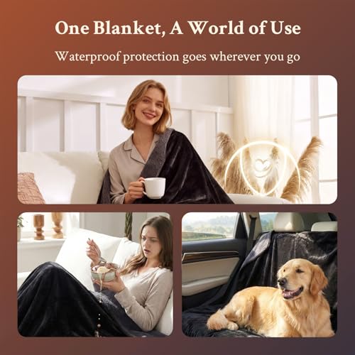 Waterproof Blanket for Bed, Couch, Sofa - Plush Throw Blanket to Protect Furniture, Stain Resistant, Leak-Proof, Double-Sided Flannel & Sherpa Fleece, Reversible Black & Grey, 40"x60" - color: Black & Grey, size: Throw (40"x60")