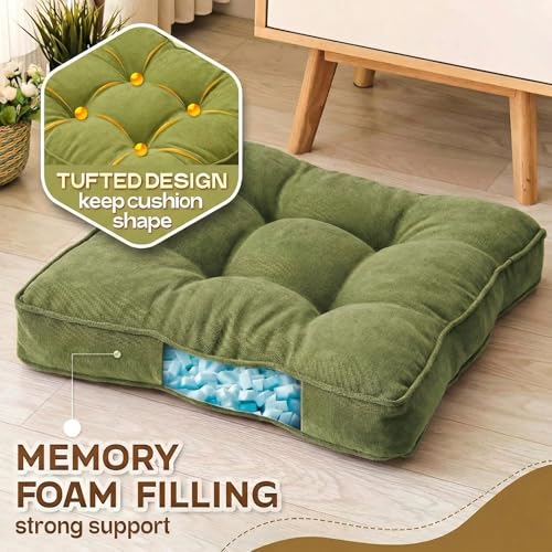 1 MIDDLE ONE Floor Pillow Set of 2, Memory Foam Floor Cushions for Adults, Large Meditation Pillow for Sitting, 22 x 22 Inches (Square | Green) - color: Square | Green