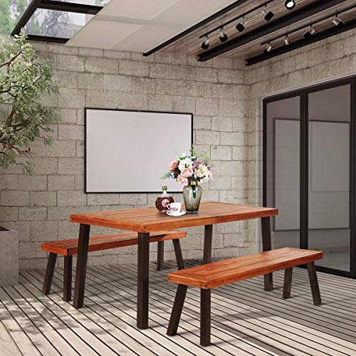 Giantex Patio Dining Table Set with 2 Benches, Outdoor Picnic Table Set with Umbrella Hole, Acacia Wood Patio Seating and Rectangular Table for Backyard, Garden, Lawn (Rustic Brown)