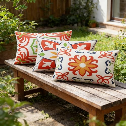 Pyonic Outdoor Waterproof Throw Pillow Covers for Patio Furniture Decorative Boho Pillow Covers 12x20 Floral Printed for Patio Tent Couch Garden Set of 4,Orange - color: Orange, size: 20" x 12" (Pack of 4)