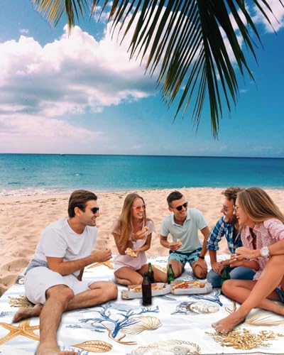 Beach Blanket Sandproof Oversized 108" x 84" Summer Ocean Shell Starfish Waterproof Quick Drying Sand Free Mat Blue Coral Picnic Blankets for Outdoor Travel Camping Hiking Park - color: Blue Yellow, size: 108''x84''