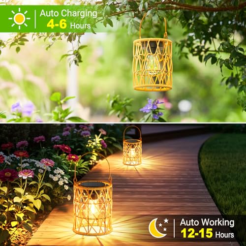 KOOPER Solar Lantern Outdoor Lights, 4 Pack Bright Hanging Solar Lanterns Outdoor Waterproof with Handle, Decoration Rattan Lanterns for Outside Hanging Garden Patio Yard Porch Trees Lawn Pathway Gift - style: 4 Pack