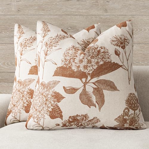 Foindtower Set of 2 Linen Floral Throw Pillow Covers Vintage Accent Print Decorative Cozy Cushion Covers Farmhouse Boho Home Decor for Sofa Chair Couch Bedroom Living Room,18×18 Inch,Autumn Orange - color: Autumn Maple, size: 18" x 18" (Pack of 2)