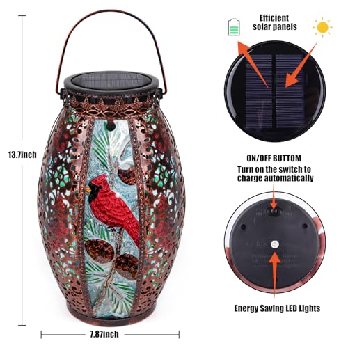 Mothers Day Gifts, Cardinal Solar Lantern Outdoor Waterproof,13" Large Metal Hanging Decorative Lantern,Cardinals Solar Lights for Outside Yard Lawn Patio Garden Decor,Cardinal Gifts for Women Mom - style: Cardinal