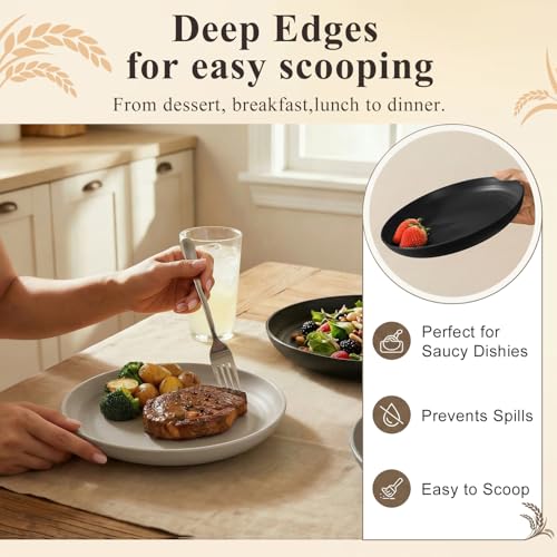 Small Plastic Plates Set for 8, Unbreakable Wheat Straw Plates 8 Inch, Kitchen Plates for Holiday, Party, RV, Microwave Safe Plate for Salad, Fruit, Bread - BlackGrey - color: blackgrey, size: 8 Inch