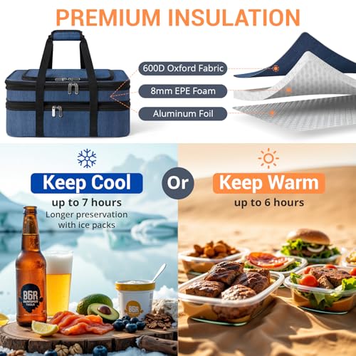 Insulated Double Casserole Carrier - Portable Casserole Carriers for Hot or Cold Food Lunch Tote Warmer or Cooler Bag for Potluck Parties Picnic Cookouts, Fits 9" x 13" Baking Dish - Navy Blue - color: Navy Blue