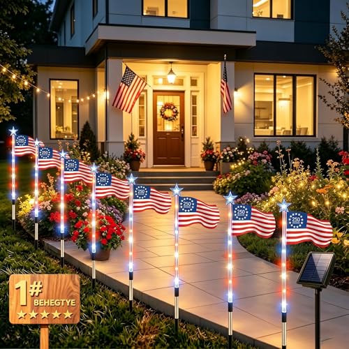 8 Piece Solar American Flag Pathway Lights, US Solar Flag Lights with 8 Lighting Modes, Patriotic Red White Blue Waterproof LED Outdoor Yard Garden Decorations for 4th of July (C) - color: C