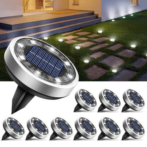 btfarm 10 Pack Solar Lights Outdoor, 8 LED Solar Ground Lights IP65 Waterproof Flat Solar Disc Light, Pathway Lights for Garden Lawn Patio Yard Path Landscape, Cool White - color: Cool White, size: 10 Pack