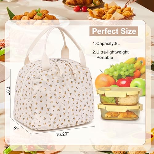 LEDAOU Lunch Box for Women Insulated Lunch Bag Corduroy Lunch Tote Bags Leakproof Cooler Lunch Case for Travel Work Picnic - color: Corduroy Little Flower