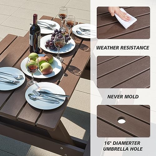 Psilvam Picnic Table with Benches, Heavy Duty Poly Lumber with Umbrella Hole, Weather & UV Resistant Outdoor Picnic Bench Table with Umbrella Hole（Dark Brown）