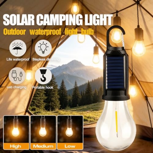 4-Pack Solar Camping Lantern, Portable LED Solar USB Rechargeable Lantern Flashlight Emergency Hanging Light Bulb for Indoor Outdoor Home Power Outages Hiking Hurricane (4)