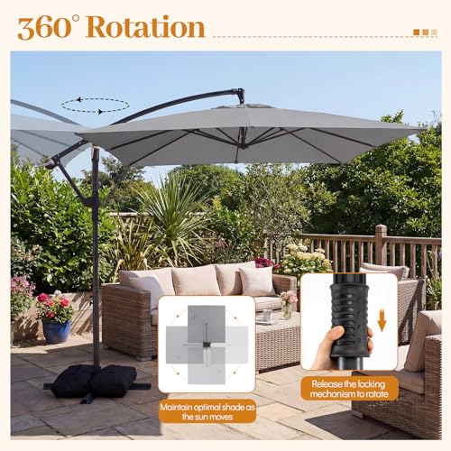Tangkula 8x8 FT Patio Umbrella with Base Included, Square Offset Cantilever Outdoor Umbrella with 360 Degree Rotation, Crank Handle, Sandbags, 8 Ribs for Pool Deck Garden Backyard - color: Gray, size: 8 FT