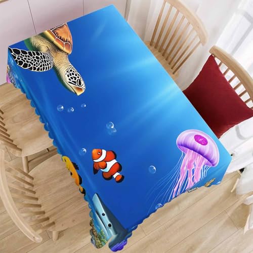 Sea Turtle Kitchen Tablecloth Ocean Underwater Jellyfish Shark Coral Reef Indoor Outdoor Table Cover Anti-Oil Table Cloths for Wedding Banquet Dinner Tablecloths, 52x70 Inch(4-6 Seats) - color: Sea Turtle