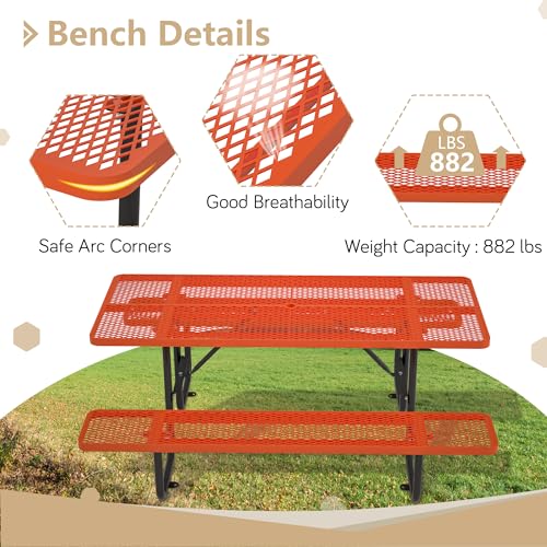 72'' Steel Rectangular Metal Picnic Table for Outdoors, Commercial Picnic Table with Umbrella Hole of Up to 1-1/2" Diameter, for Garden Courtyard BBQ, Orange - color: Orange