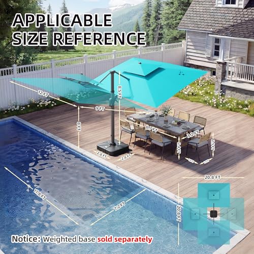 9 X 12 FT Cantilever Patio Umbrella with Led Lights Heavy Duty Outdoor Double Top Large Rectangle Offset Umbrellas with 360-degree Rotation for Garden Pool Deck Backyard, Turquoise - color: Turquoise, size: 9' X 12'- Only Umbrella(LED)
