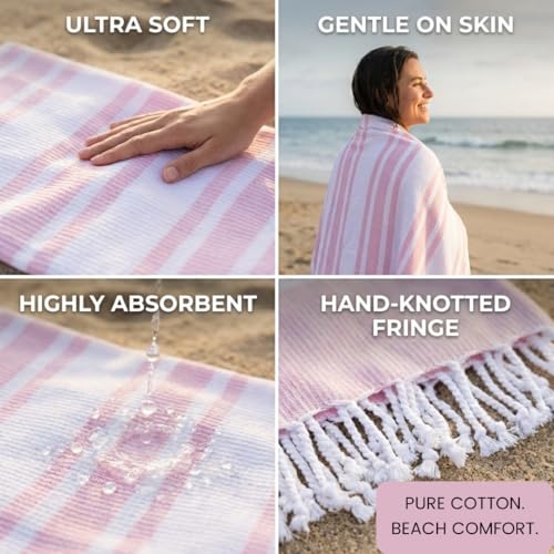 Turkish Beach Towels Set of 2 - Oversized Cotton Beach Towels 40X70 inch - Sand Free Quick Dry Beach Blanket for Adults - Extra Large Towels for Beach Bath Pool Yoga Travel - Pink - color: Pink, size: 2 Pack