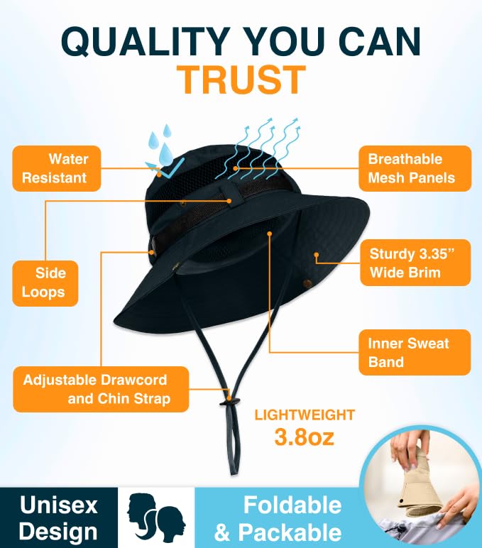GearTOP Wide Brim Sun Hat for Men & Women, UPF 50+ Fishing Hat with Detachable Neck Flap & Face Cover Gardening Boonie Sunhat - color: Black Wanderer
