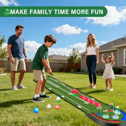 VATOS Upgraded Golf Putting Mat Indoor for kids - Golf Game Set with LED Balls, Glow Cups, Irons & Putters, Portable Putting Green Outdoor for Home Backyard Office Party, Golfing Gifts for Kids Adults