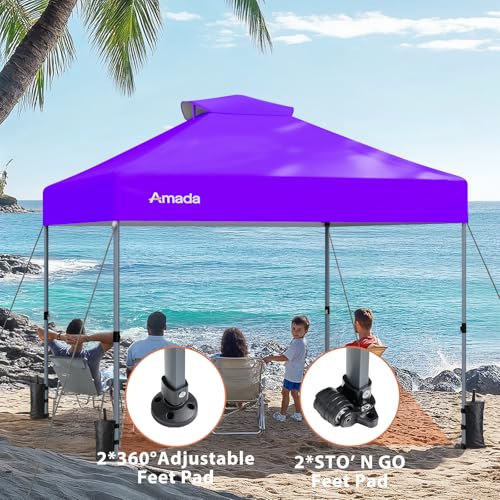 Amada 10x10 Pop Up Canopy Tent, 1-Button Push Easy-up Outdoor Canopy Beach Tent with 3-Height Adjustable Waterproof Shade Shelter, Wheeled STO-N-Go Bag 8 Stakes, 4 SandBags (Purple) - color: Purple, size: 10x10ft