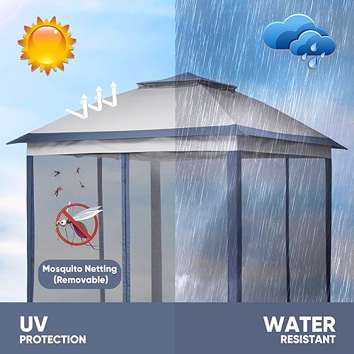 11x11 FT Gazebo Tent, Outdoor Tents for Parties with Mosquito Netting, Folding Heavy Duty Height Adjustable Canopy Tent for Patio Backyard Garden (Blue) - color: Blue