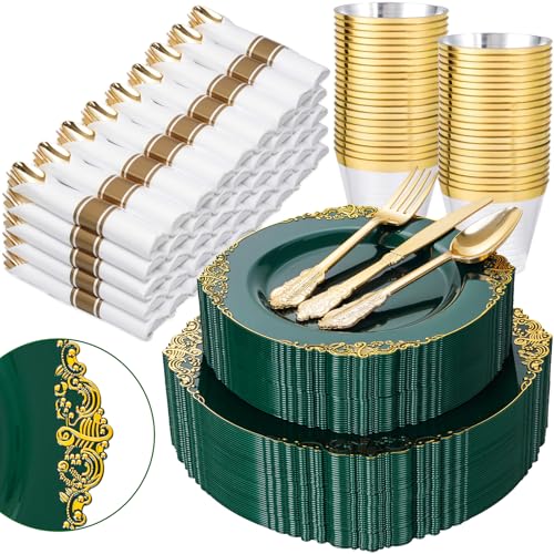 Nervure 350PCS Green Plastic Plates - Green Gold Plastic Dinnerware Sets for 50 Guests - 100 Disposable Plates, 150 Gold Silverware, 50 Cups, 50 Napkins Perfect for Wedding & Party - color: Green and Gold