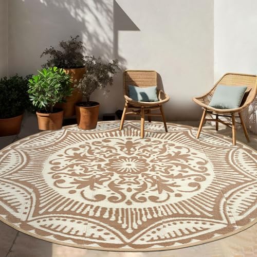 Capslpad 6x6 Floral Outdoor Rug for Patio Clearance Reversible Mat Round Portable Plastic Straw Carpet Waterproof Boho Indoor Outside Area Rugs for RV Camping Picnic Balcony Beach Deck, Light Beige - color: Light Beige, size: 6' (Round)