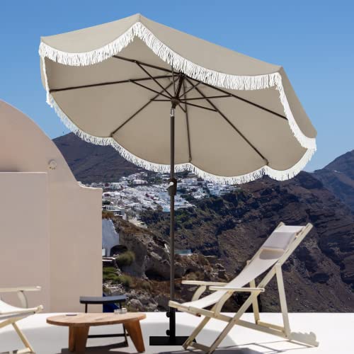 Tempera 9ft Auto Tilt Scalloped Patio Umbrellas with Fringe, Outdoor Table Umbrellas with Fade Resistant Canopy, 8 Sturdy Rids, Luxurious Vintage Umbrellas for Lawn, Pool, Deck, Balcony - color: Khaki Tassels, size: 9 FT