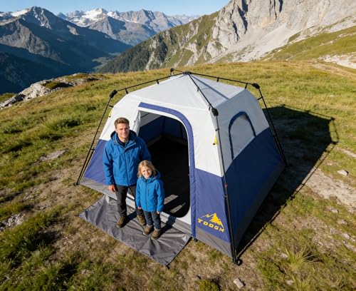 3/4 Person Camping Tent with 1 Door, 4 Windows, and Upgraded Ventilation– Instant Setup, Waterproof, 8'x 8'x 67''Oxford Fabric Floor Pop Up in 60 Seconds Includes Rainfly and Backpack - color: 4 Person Dark Blue/2-Layer