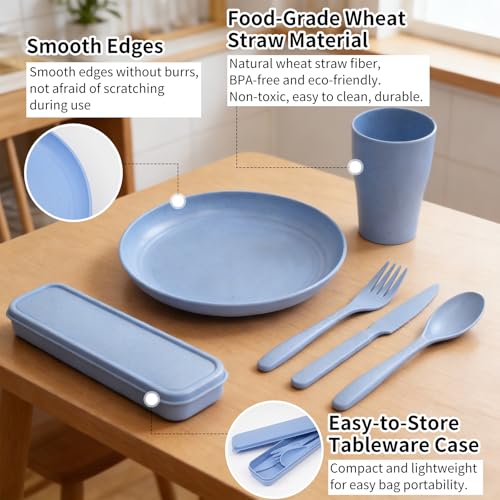 Camping Cooking Utensils, 5-Piece Camping Mess Kit with Plate, Cup, Spoon, Fork, Knife and Carry Bag, Reusable Camping Essentials Gear, Accessories for Home, Poolside, Outdoor, Picnic, Camp