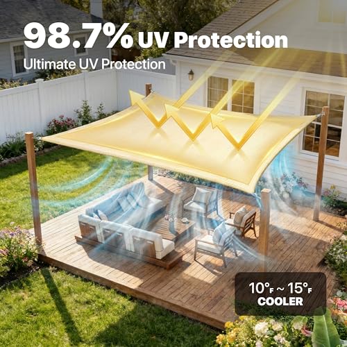 Amgo 24' x 24' Beige Rectangle Super Ring Sun Shade Sail UPF50+ AGSRR Canopy Awning Shades for Patio, Commercial Standard, 260 GSM Heavy Duty, 98% UV Blockage, 5 Years Warranty (We Customize)