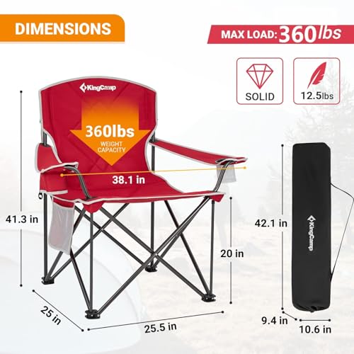 KingCamp 2pack Red Oversized Camping Chair with Cup Holder & 3 Storage Pockets - Heavy-Duty 360lbs Capacity Folding Lawn Chair, Portable Compact Foldable Outdoor Chair for Camping, Fishing, BBQ - color: 2 Pack-red