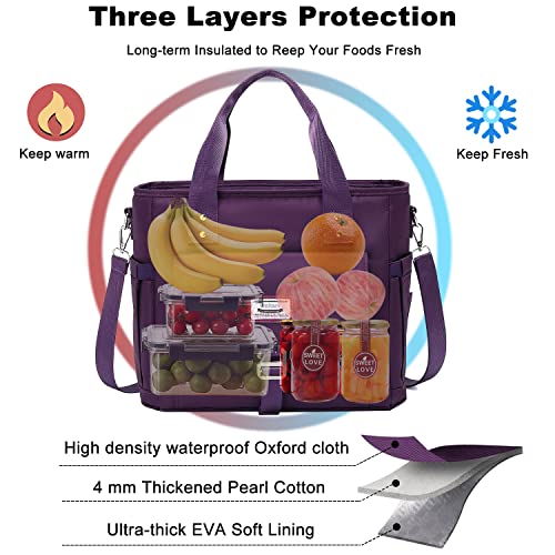 Weitars Lunch Bag for Women Work,Insulated Lunch Box Extra Large Lunch Tote Bag,Wide-Open Tote Cooler Bag With Removable Shoulder Strap with Side Pocket,Lunchbag For Picnic Hiking Beach - color: Purple