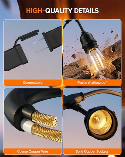 25FT S14 Outdoor String Lights, 15+2 Shatterproof Bulbs 2W, 1.5FT Spacing IP65 Waterproof| Dimmable with Remote, Heavy-Duty, Include Screw & Zip Ties for Patio Backyard Holiday Outside - size: 25 FT with 15+2 Bulbs (1.5FT Bulbs Apart)