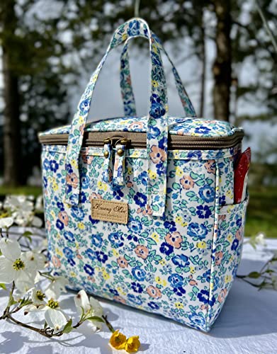 Kwang Min Floral Insulated Lunch Bag for Women,Reusable Lunch Box,Large Cooler for Office,Picnic Outdoors,Premium Waterproof Fabric,Summer Floral Bag (Blue Blooming) - color: Blue Blooming