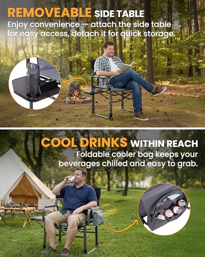 KingCamp XXL Heavy Duty Camping Directors Chair 550lbs Capacity, Extra Wide Oversized Camp Chairs with Side Table & Cooler Bag, Compact Padded Folding Chair for Big and Tall Outdoor Sports Picnic Lawn - color: Oversize Black/Grey, size: XX-Large