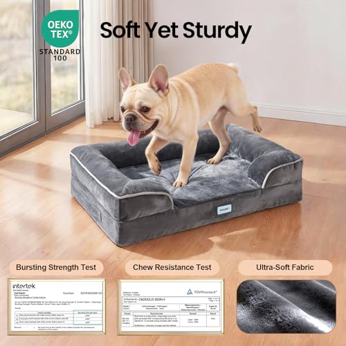 OhGeni Orthopedic Dog Bed Couch Cat Sofa for Medium Sized Pets with Memory Foam, Machine-Washable Waterproof Removable Cover, Soft Comfortable Fabric, 28-inch (Gray) - color: 01-Gray, size: 28"x19"x6.5"