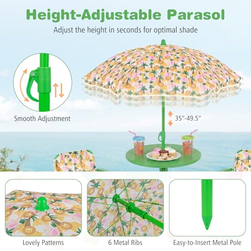 Costzon Kids Picnic Table, Kids Outdoor Table with 2 Folding Chairs, Height Adjustable Umbrella, Portable Children Outdoor Furniture for Patio, Garden, Backyard (Green Forest) - color: Green Forest