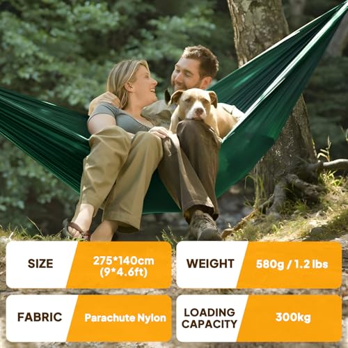 NATUREFUN Ultra-Light Travel Camping Hammock | 300kg Load Capacity,Breathable,Quick-Drying | 2 x Premium Carabiners,2 x Nylon Slings Included | Outdoor Indoor Garden - color: Dark Green, size: 275x140cm