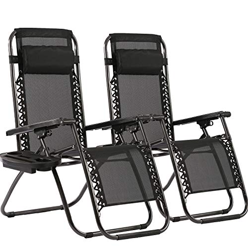 FDW Zero Gravity Lawn Lounge Chairs Set of 2 with Pillow and Cup Holder - Adjustable Reclining Folding Outdoor Chairs for Deck, Beach, Yard - color: Black