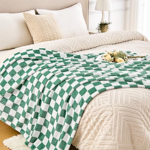 Edenleaf Green Checkered Blanket, Ultra Soft Cozy Flannel - Checkered Grid Print Throws for Bed Sofa Couch, Luxury Throw Blanket for All Seasons, 50x60 Inch, Jade Green - color: 01 Jade Green, size: Throw-50"x60"